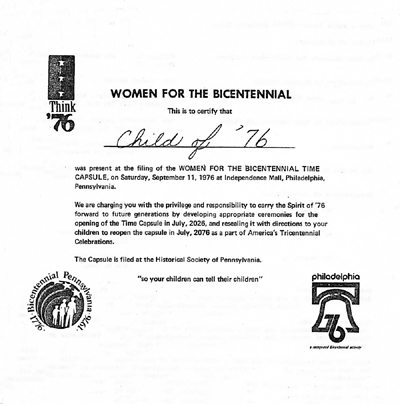 certificate given to children whose names were placed in the  bicentennial time capsule at an event in Philadelphia in 1976